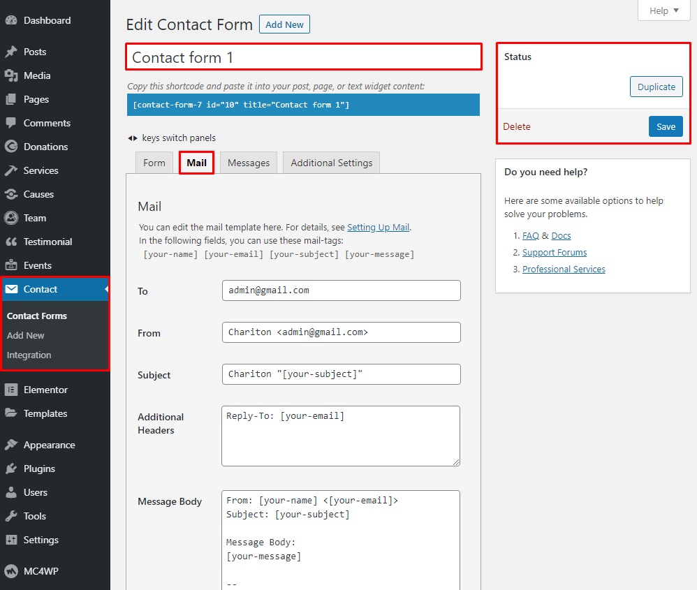 Contact email settings